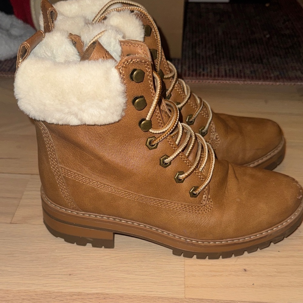 Madden Girl Cognac Lace-Up Faux-Fur Collar Boots - Picture 2 of 9